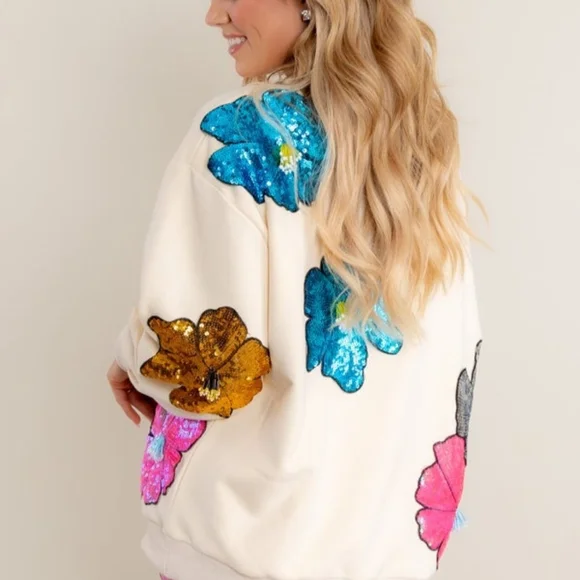 Queen Of Sparkles Beige Sequin Floral Sweatshirt - Picture 4 of 4